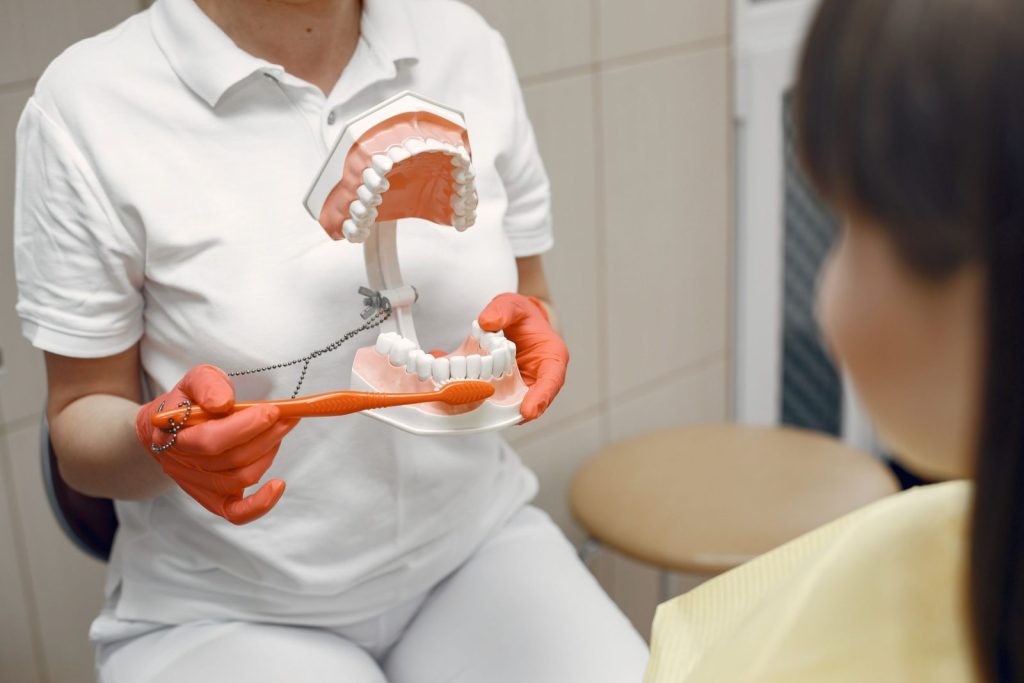 Dentist demonstrating proper brushing on a dental model
