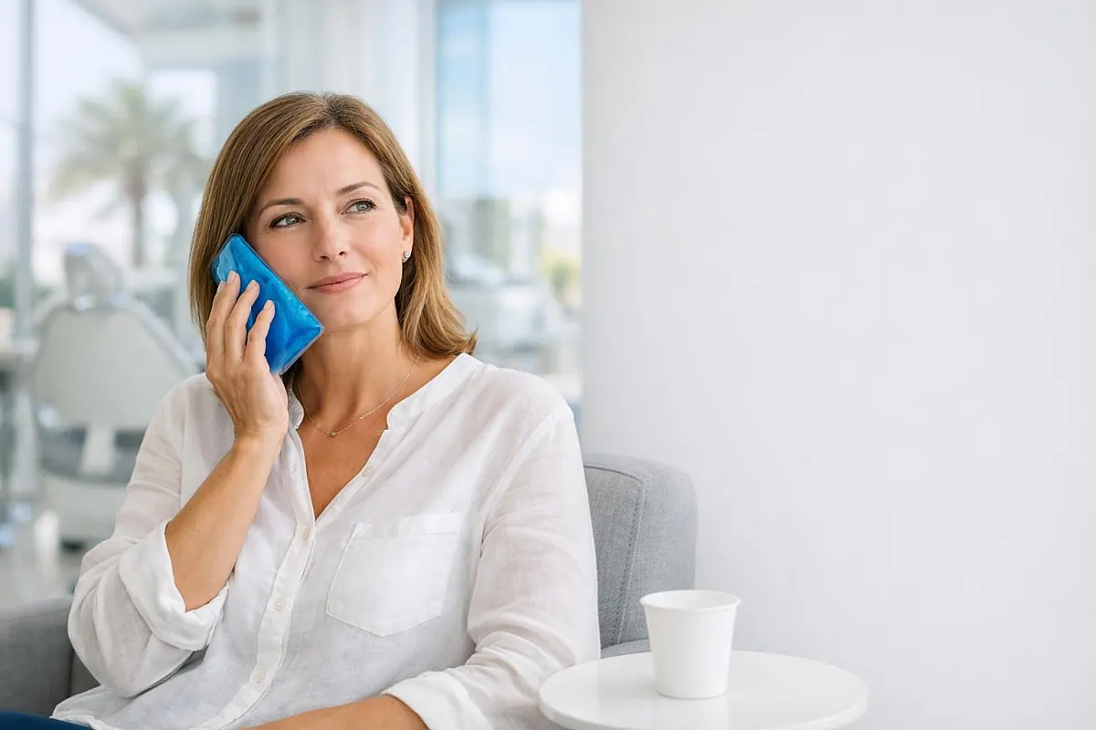 Woman resting in a modern clinic lounge after cosmetic treatment